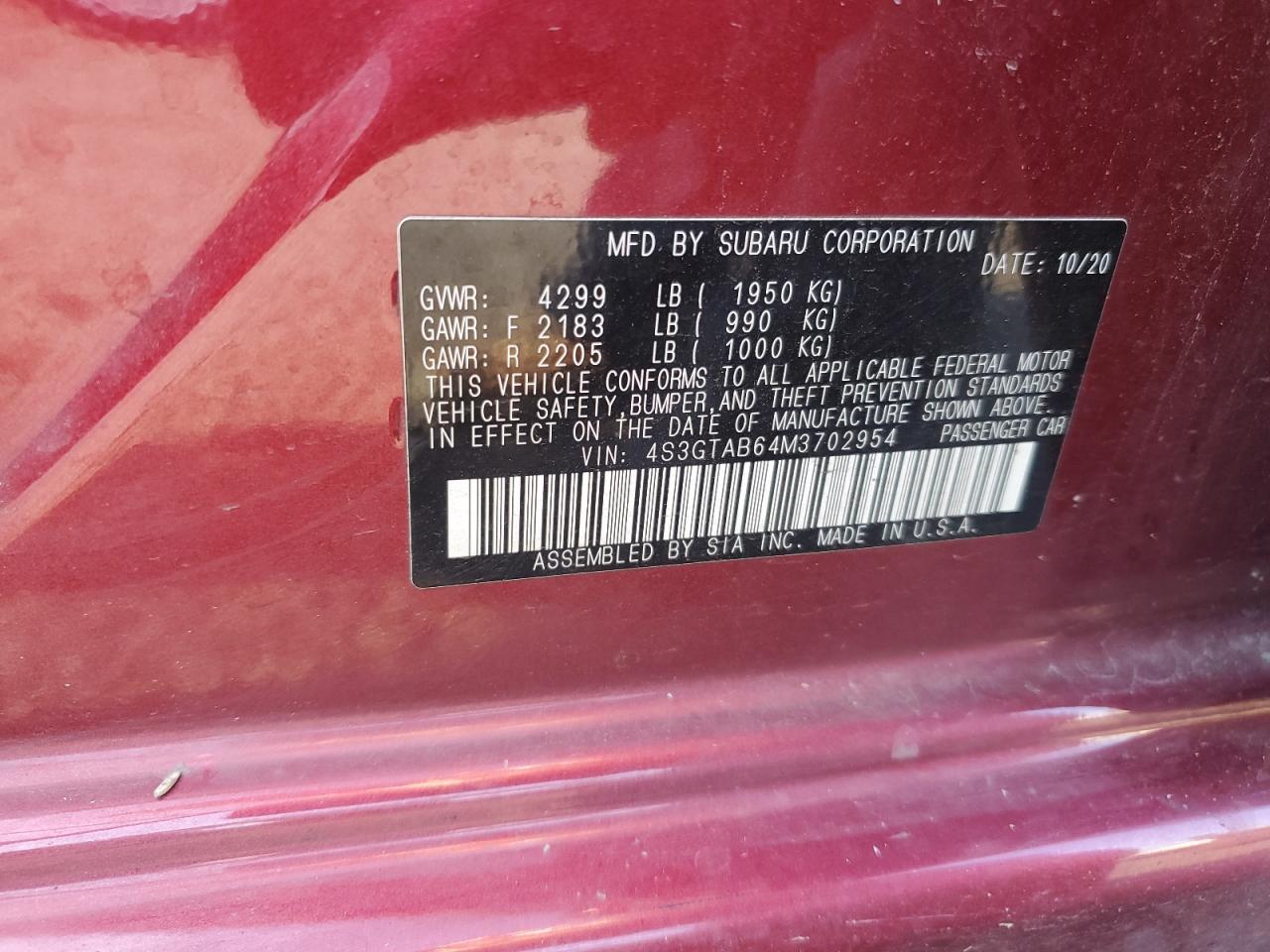 2021 Subaru Impreza VIN: 4S3GTAB64M3702954 Lot: 62898885