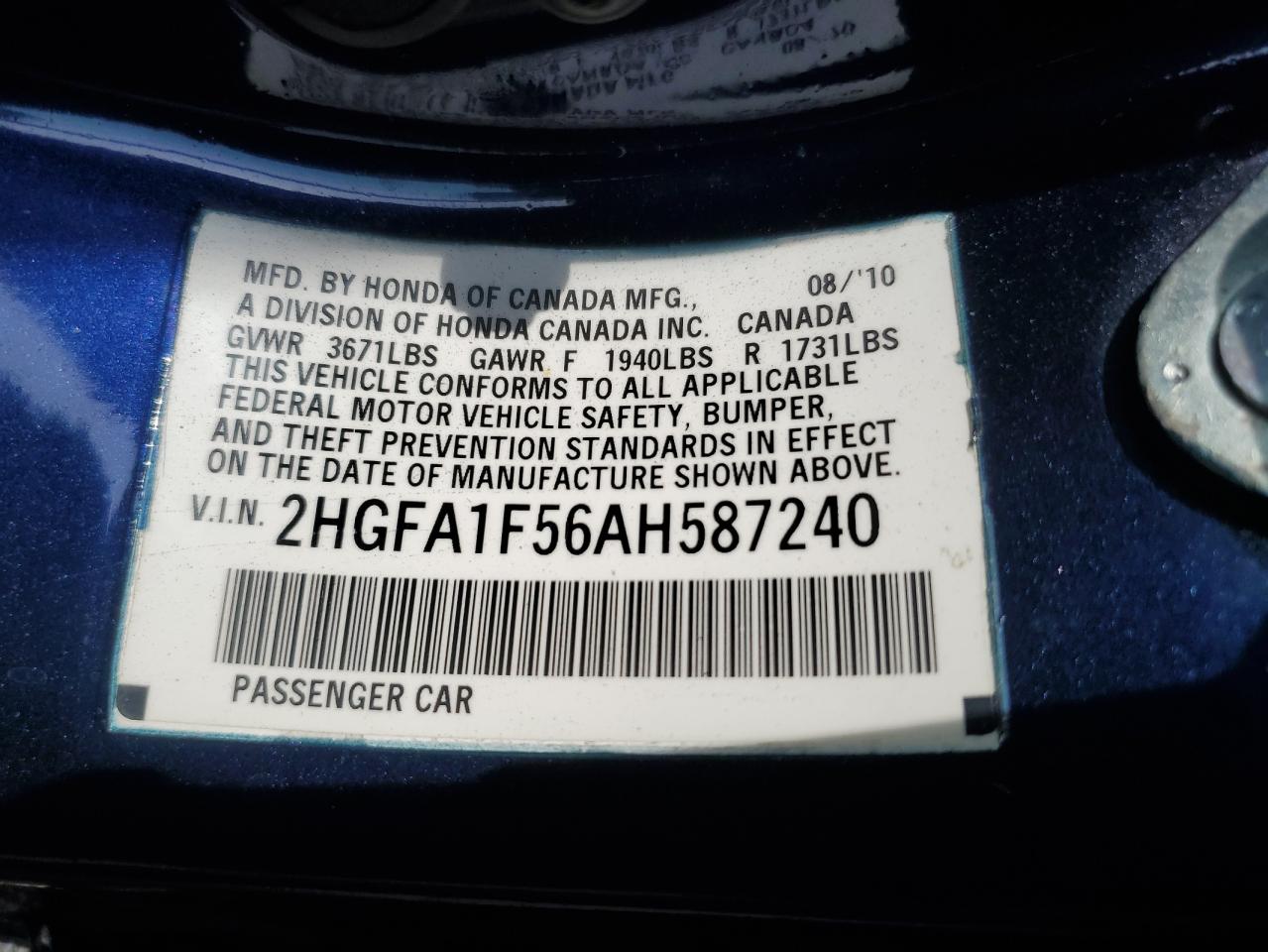 2010 Honda Civic Lx VIN: 2HGFA1F56AH587240 Lot: 61498895