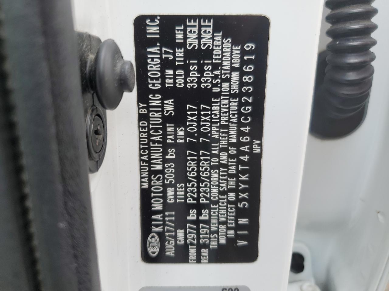 2012 Kia Sorento Base VIN: 5XYKT4A64CG238619 Lot: 61225125