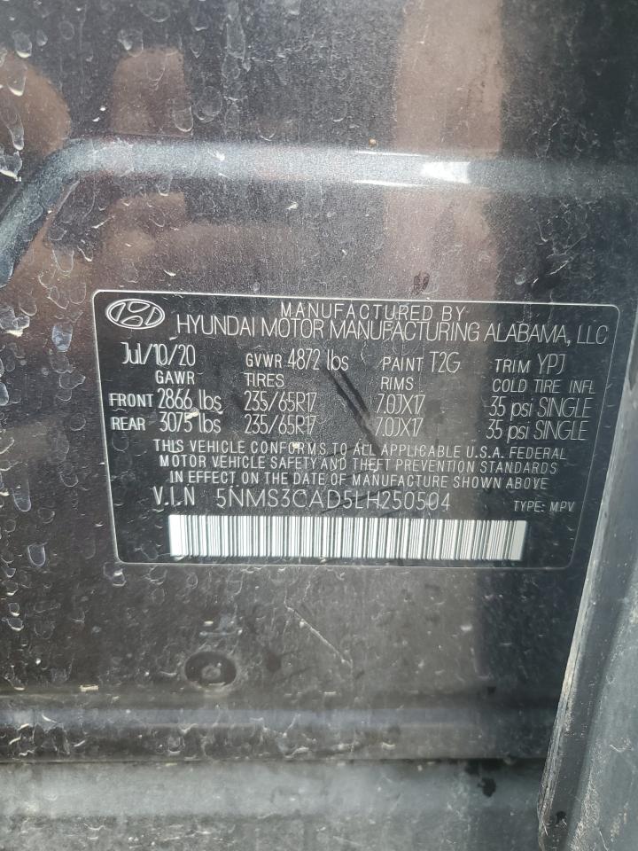2020 Hyundai Santa Fe Sel VIN: 5NMS3CAD5LH250504 Lot: 62606415