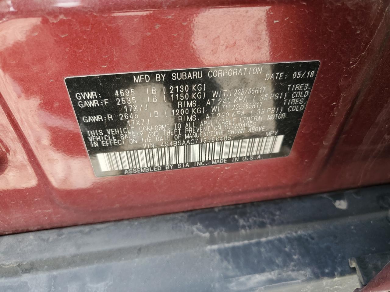 2018 Subaru Outback 2.5I VIN: 4S4BSAAC7J3366485 Lot: 61398425