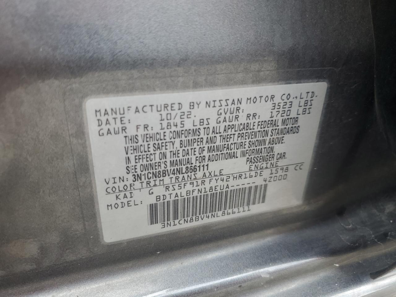 2022 Nissan Versa S VIN: 3N1CN8BV4NL866111 Lot: 62663595