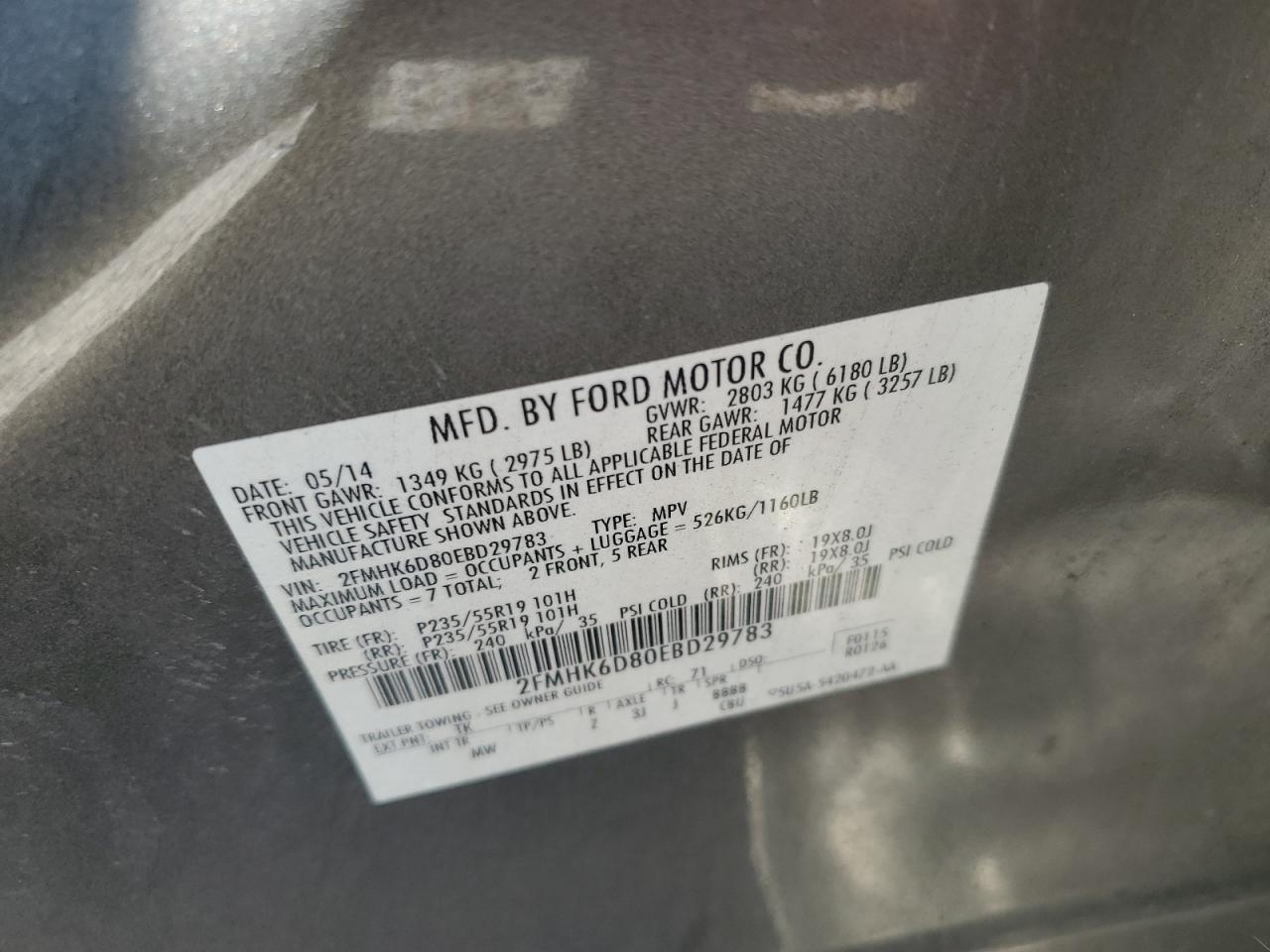 2014 Ford Flex Limited VIN: 2FMHK6D80EBD29783 Lot: 62319945