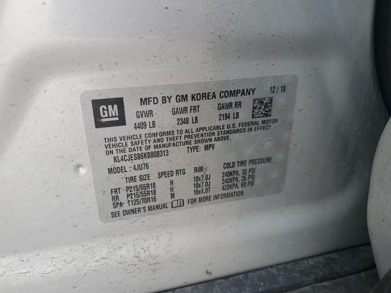 2019 Buick Encore Preferred VIN: KL4CJESB6KB808313 Lot: 60666405