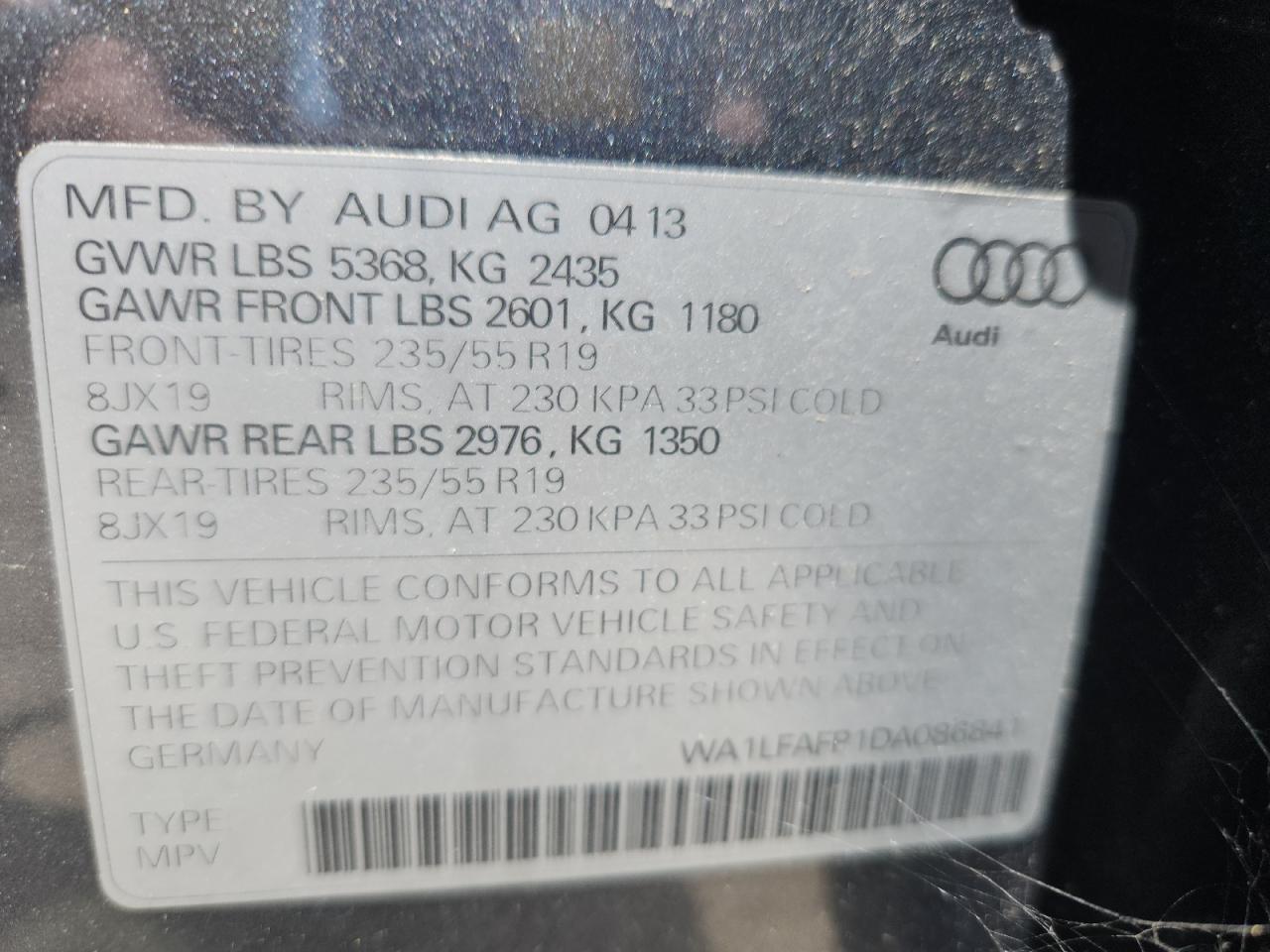2013 Audi Q5 Premium Plus VIN: WA1LFAFP1DA086841 Lot: 62027215