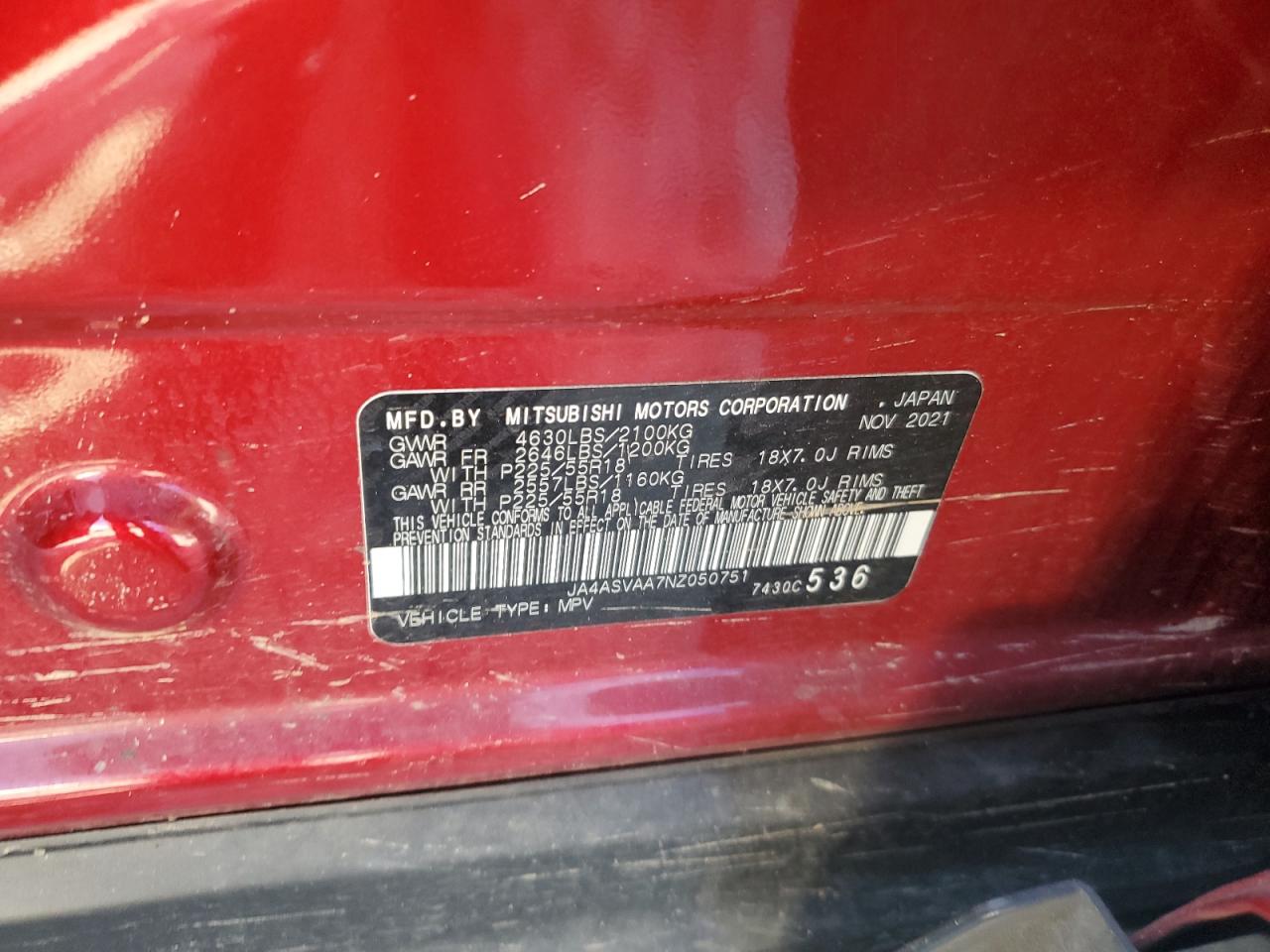 2022 Mitsubishi Eclipse Cross Le VIN: JA4ASVAA7NZ050751 Lot: 62955885