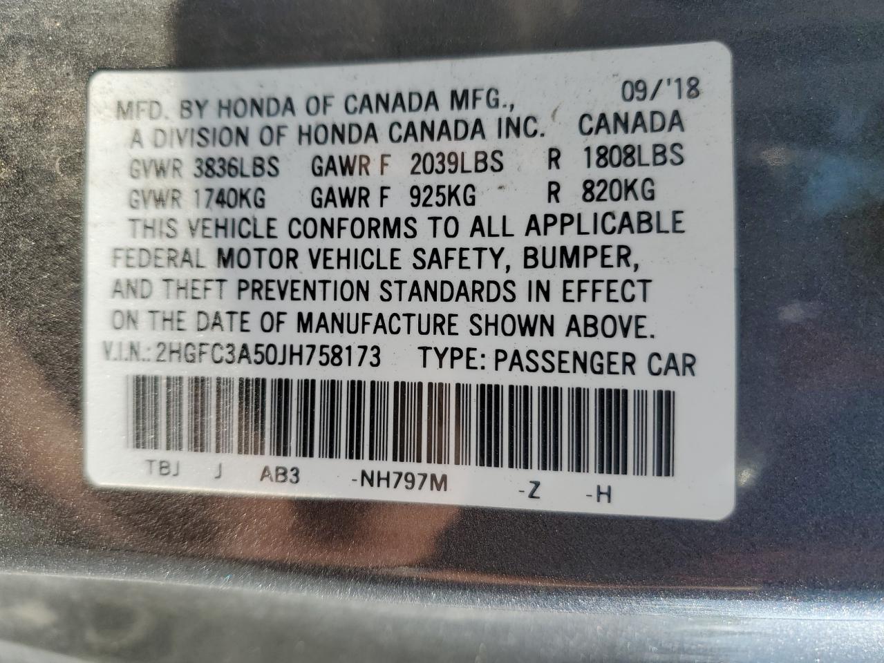 2018 Honda Civic Si VIN: 2HGFC3A50JH758173 Lot: 59530285