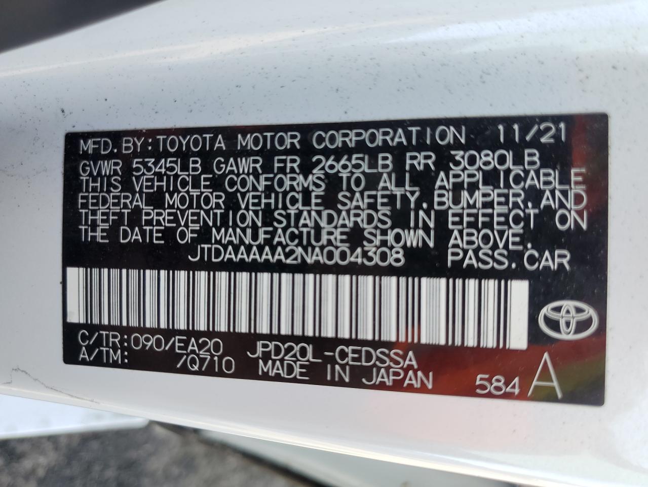2022 Toyota Mirai Le VIN: JTDAAAAA2NA004308 Lot: 63055785