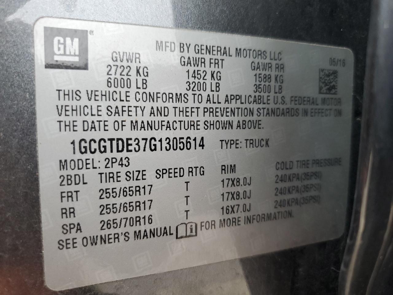 2016 Chevrolet Colorado Z71 VIN: 1GCGTDE37G1305614 Lot: 61631855