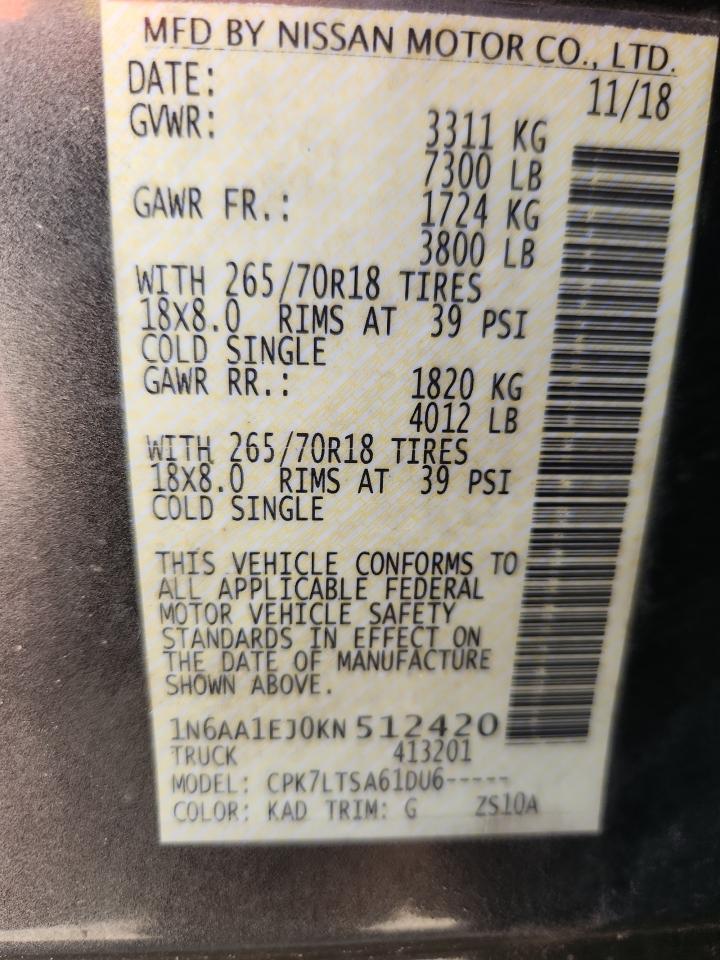 2019 Nissan Titan S VIN: 1N6AA1EJ0KN512420 Lot: 63059095