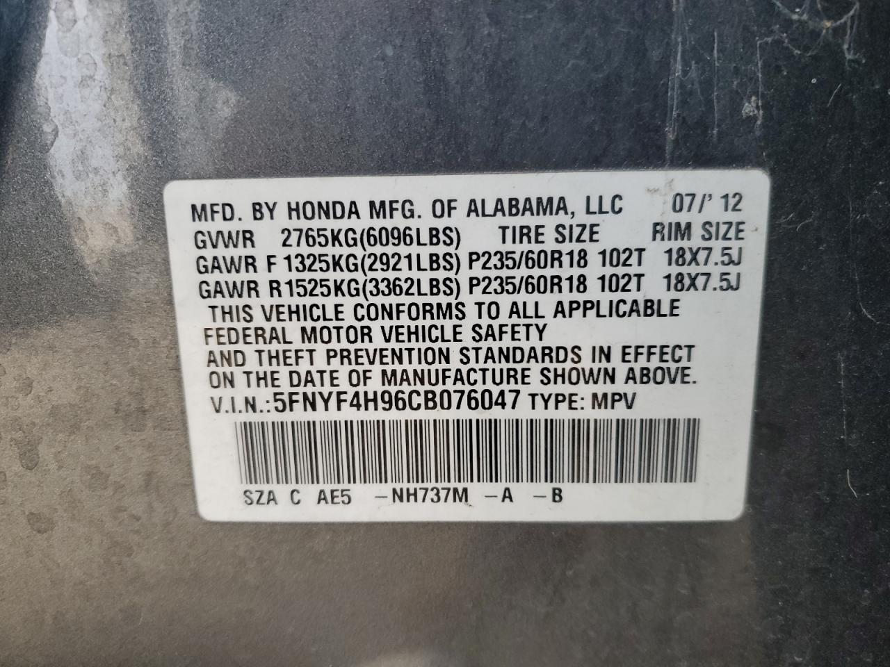 2012 Honda Pilot Touring VIN: 5FNYF4H96CB076047 Lot: 59495945