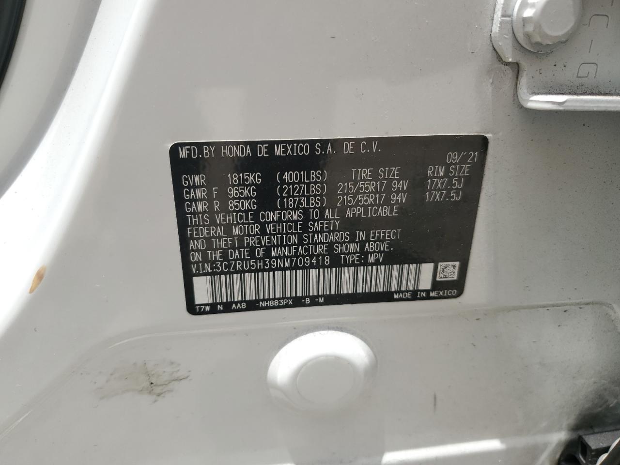 HONDA HR-V 2022 VIN 3CZRU5H39NM709418 zdjęcie 13