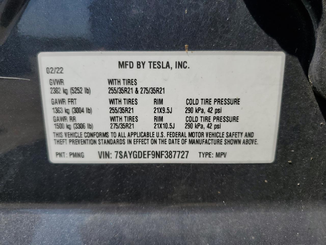 2022 Tesla Model Y VIN: 7SAYGDEF9NF387727 Lot: 61992705
