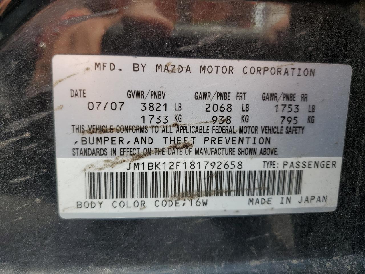 2008 Mazda 3 I VIN: JM1BK12F181792658 Lot: 58805715