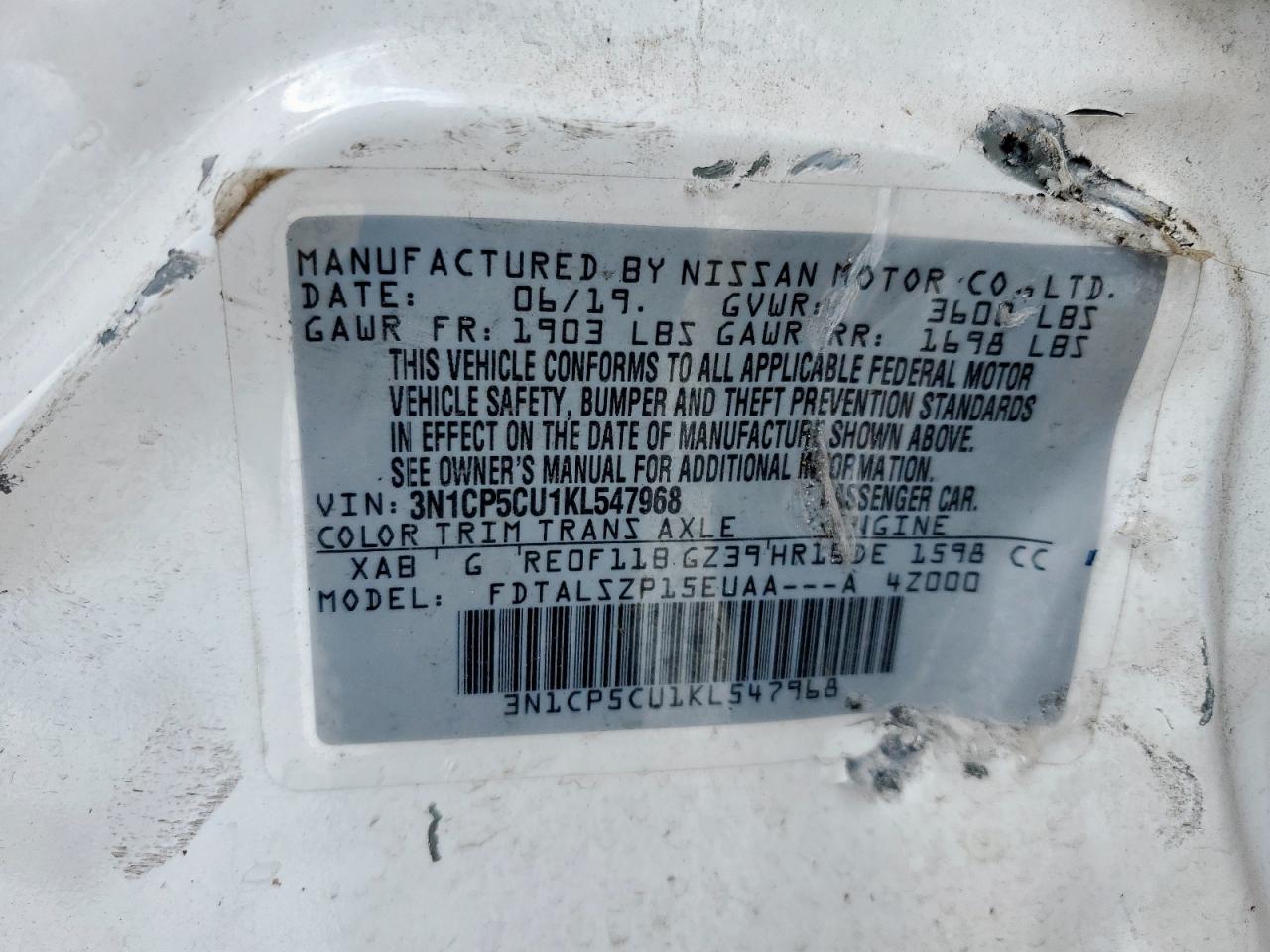 2019 Nissan Kicks S VIN: 3N1CP5CU1KL547968 Lot: 59814795