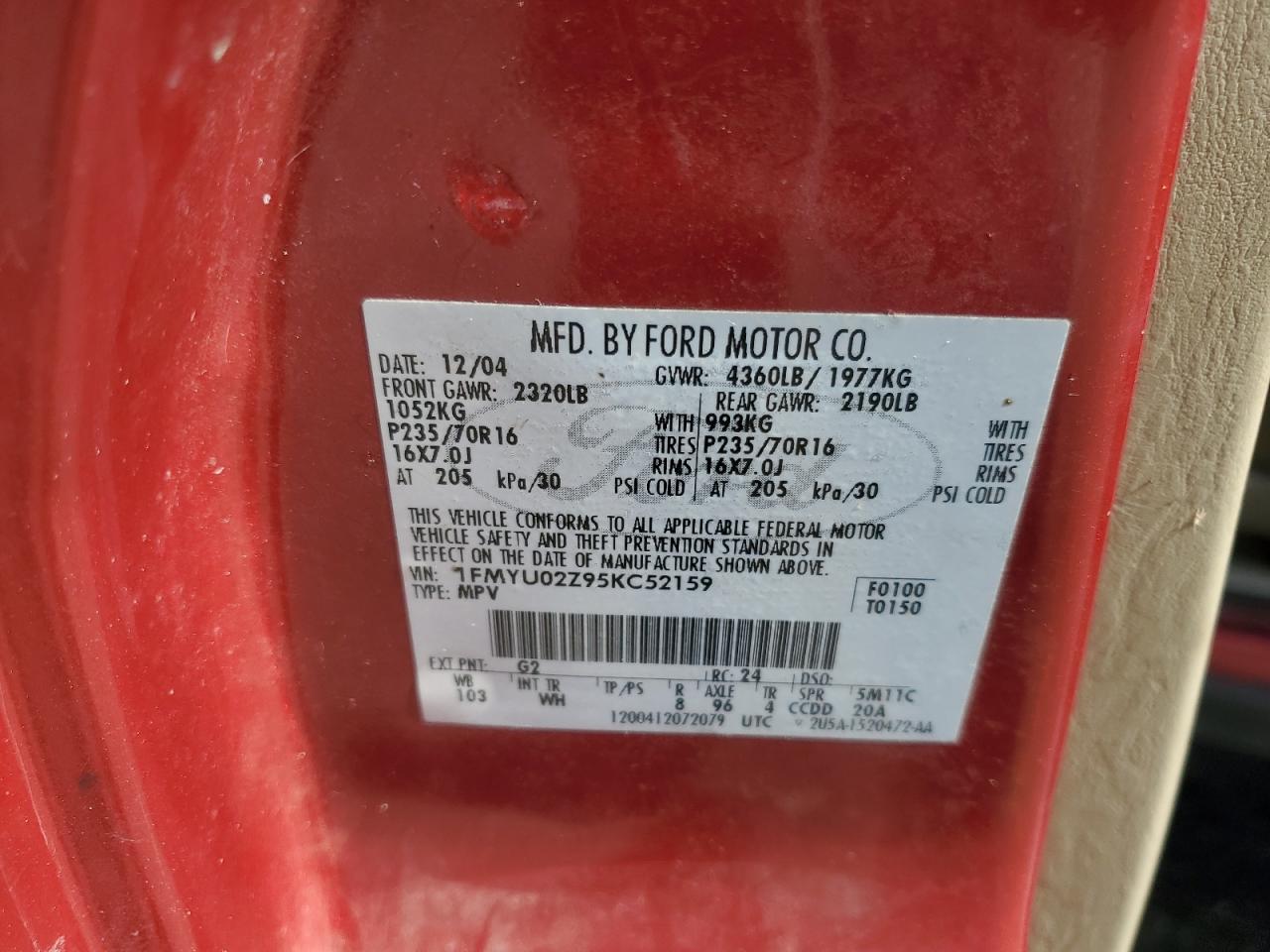 2005 Ford Escape Xls VIN: 1FMYU02Z95KC52159 Lot: 61991245
