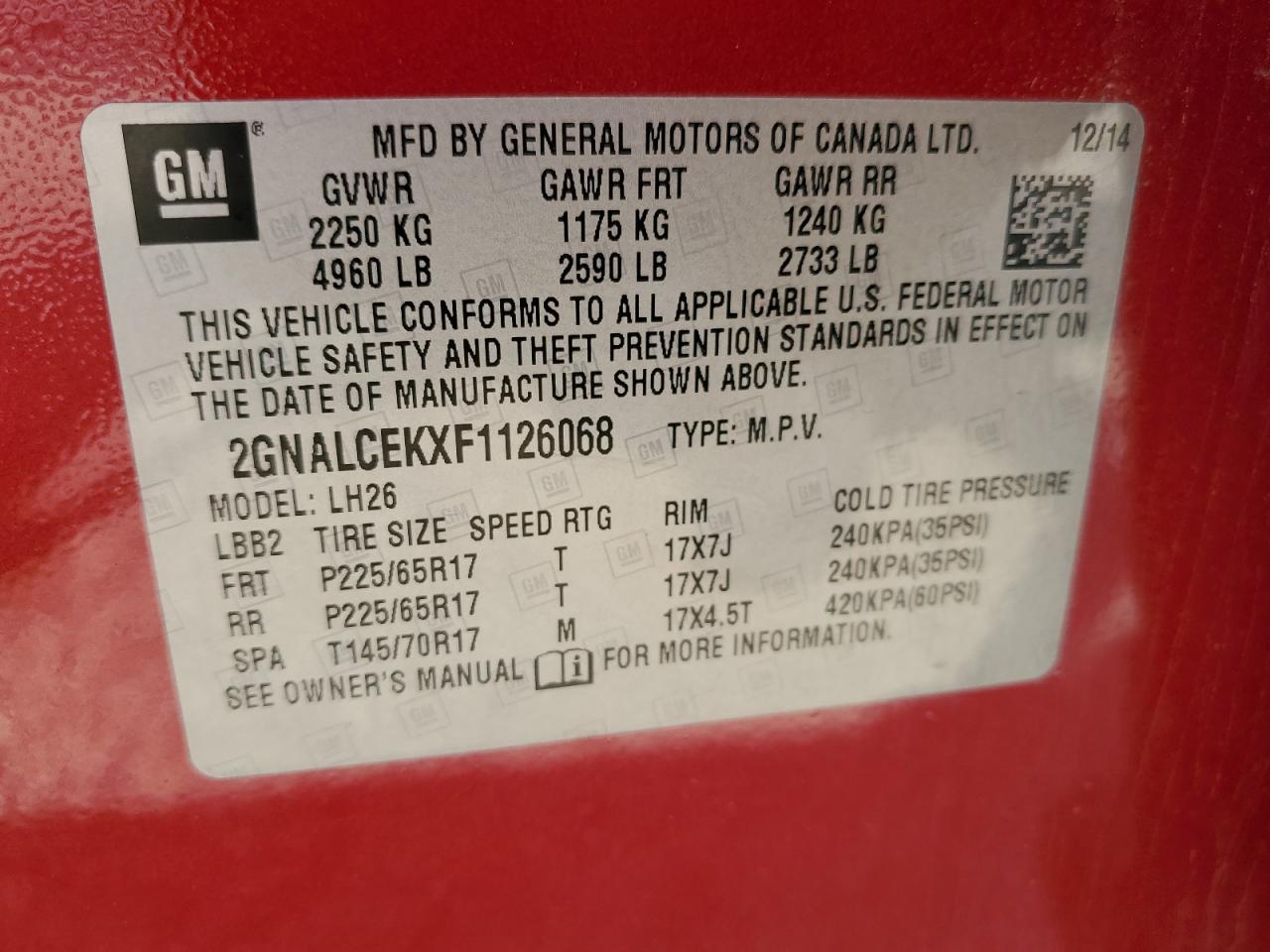 2015 Chevrolet Equinox Lt VIN: 2GNALCEKXF1126068 Lot: 60429275