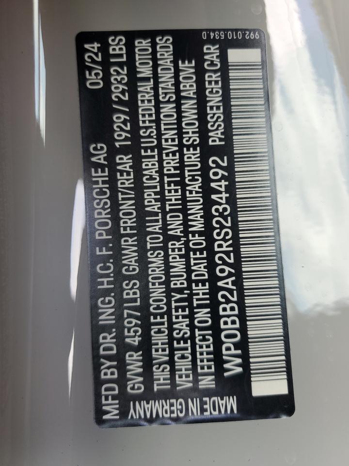 2024 Porsche 911 Targa 4S VIN: WP0BB2A92RS234492 Lot: 61443475