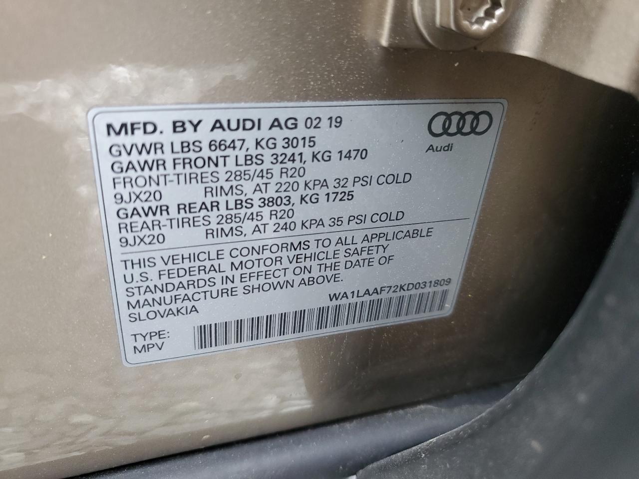 2019 Audi Q7 Premium Plus VIN: WA1LAAF72KD031809 Lot: 60015545