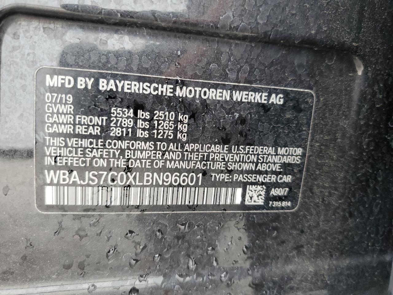 2020 BMW M550Xi VIN: WBAJS7C0XLBN96601 Lot: 63101515