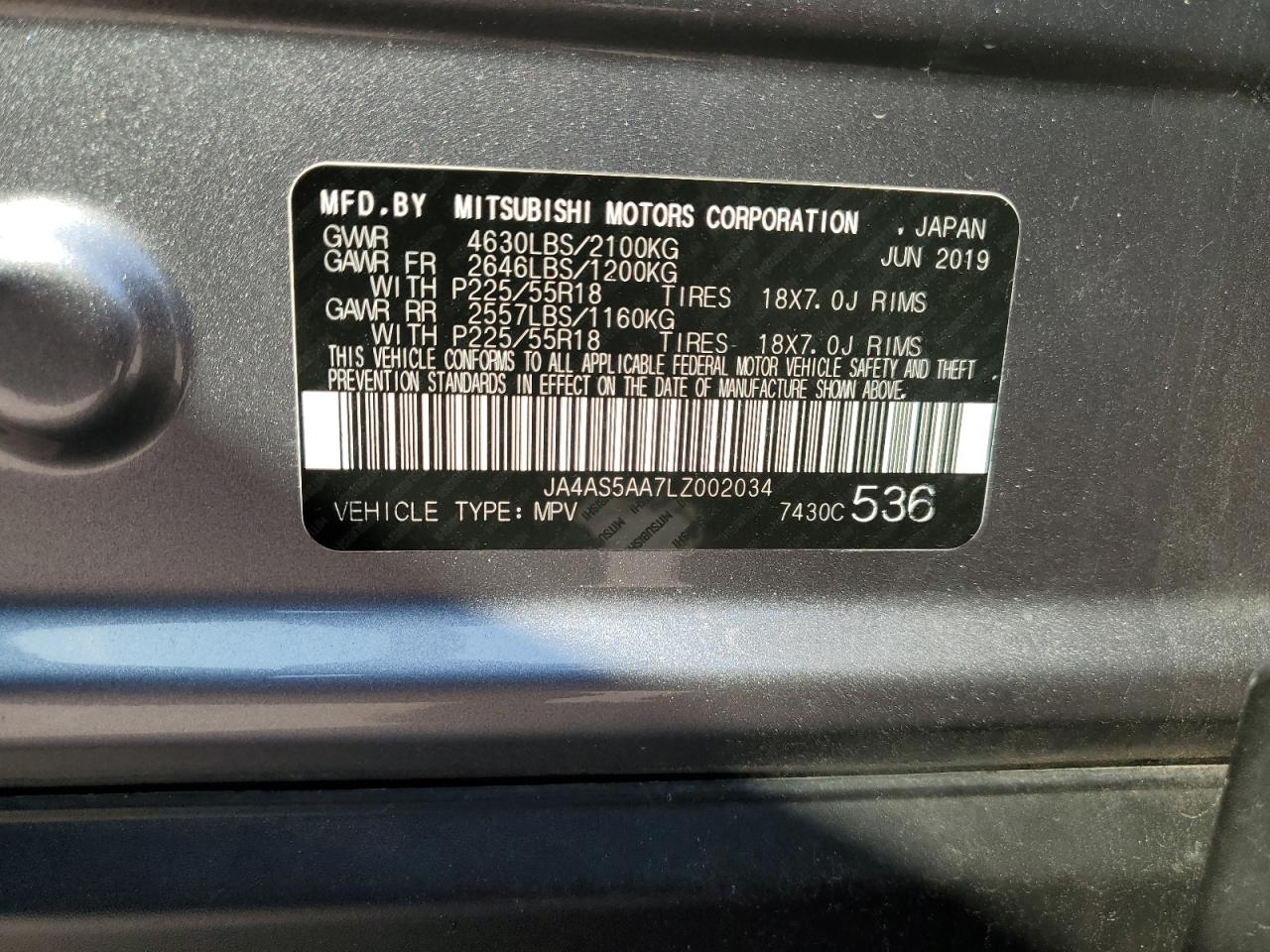 2020 Mitsubishi Eclipse Cross VIN: JA4AS5AA7LZ002034 Lot: 62542355