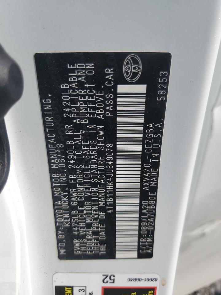 2018 Toyota Camry L VIN: 4T1B11HK4JU649078 Lot: 62685495
