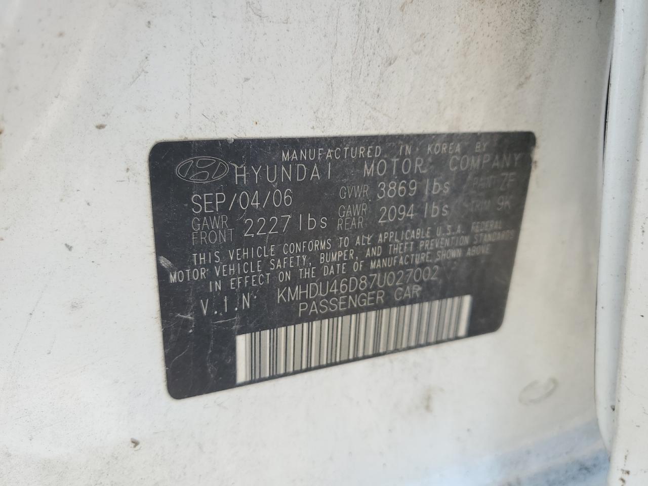 HYUNDAI ELANTRA 2007 VIN KMHDU46D87U027002 фото 12