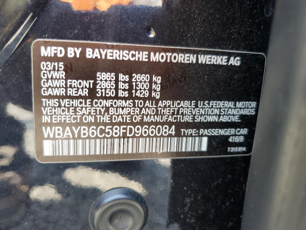 2015 BMW 750 Xi VIN: WBAYB6C58FD966084 Lot: 61875325