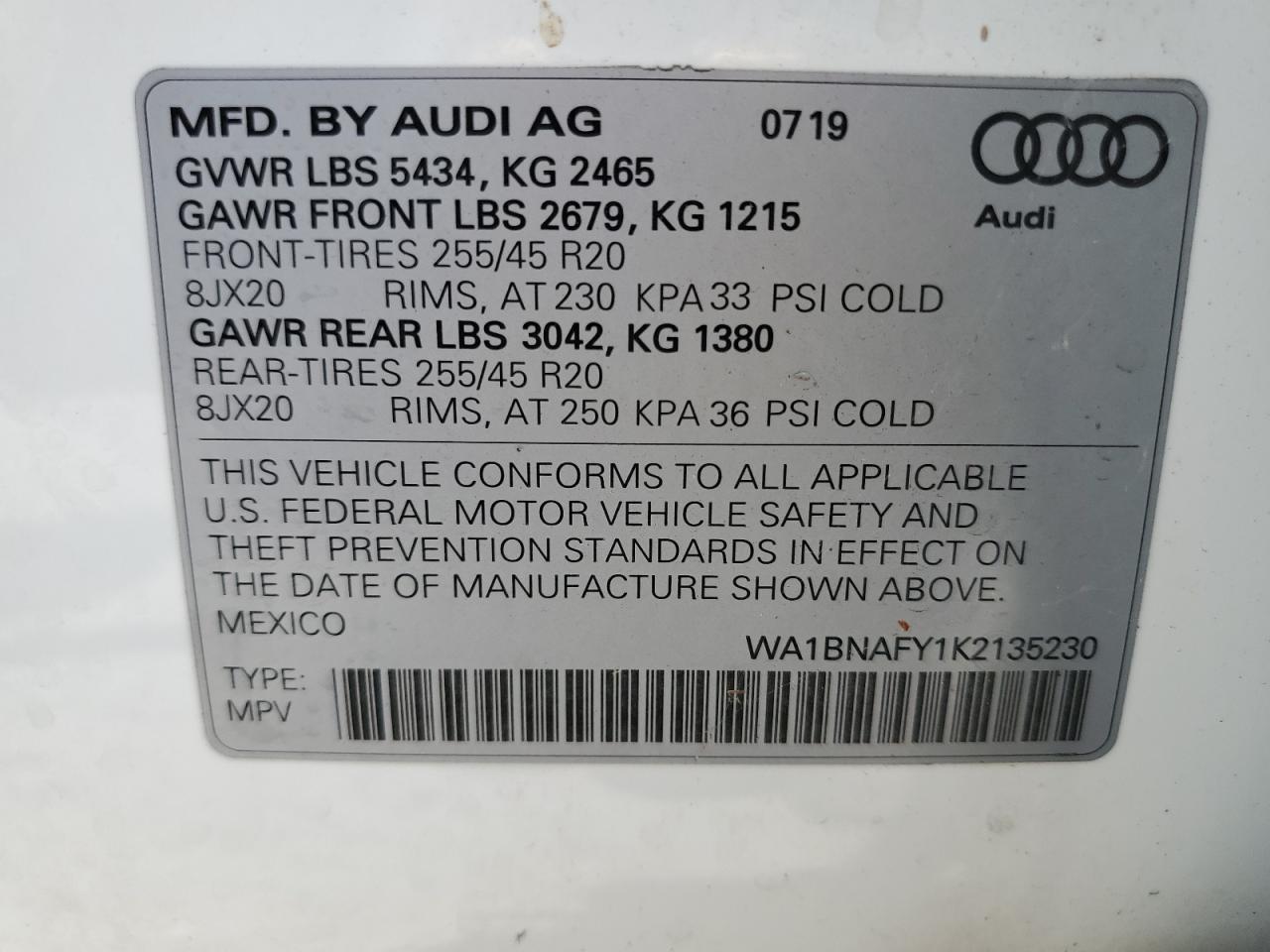 2019 Audi Q5 Premium Plus VIN: WA1BNAFY1K2135230 Lot: 59555375