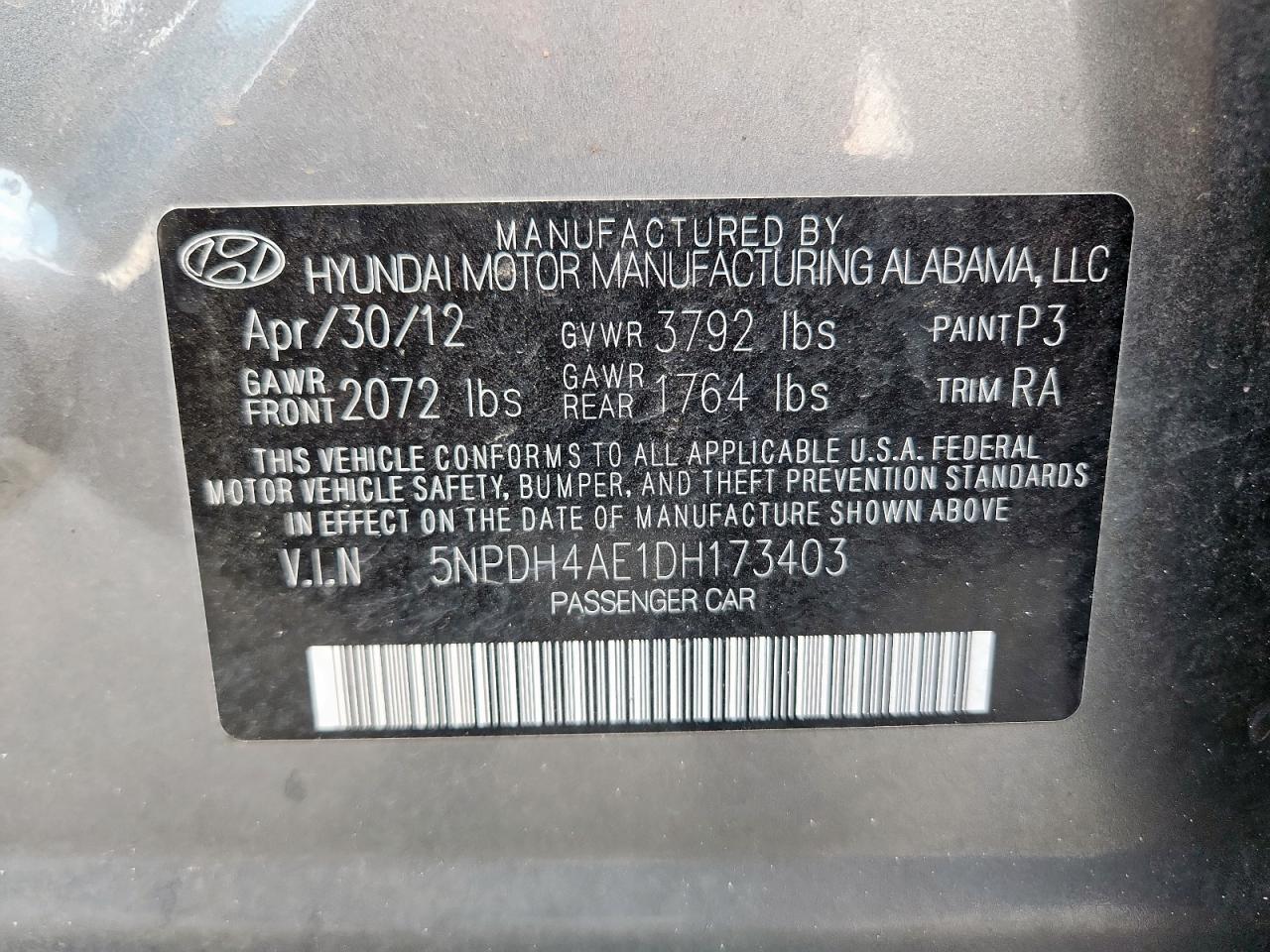 2013 Hyundai Elantra Gls VIN: 5NPDH4AE1DH173403 Lot: 59282835