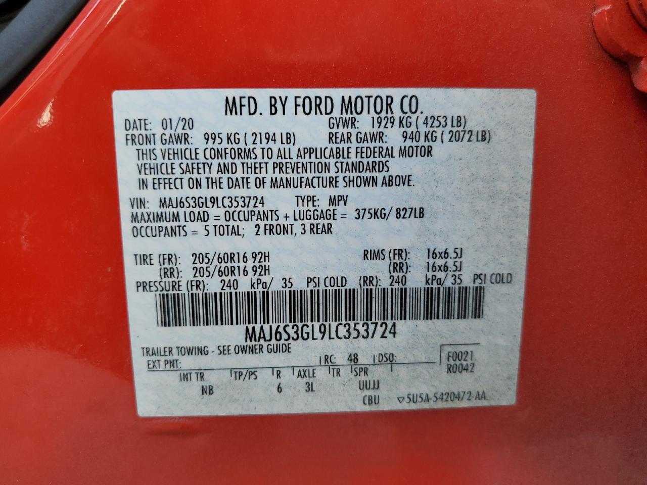 2020 Ford Ecosport Se VIN: MAJ6S3GL9LC353724 Lot: 59585635