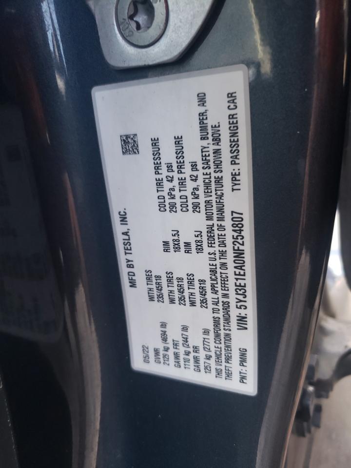 2022 Tesla Model 3 VIN: 5YJ3E1EA0NF254807 Lot: 61753605
