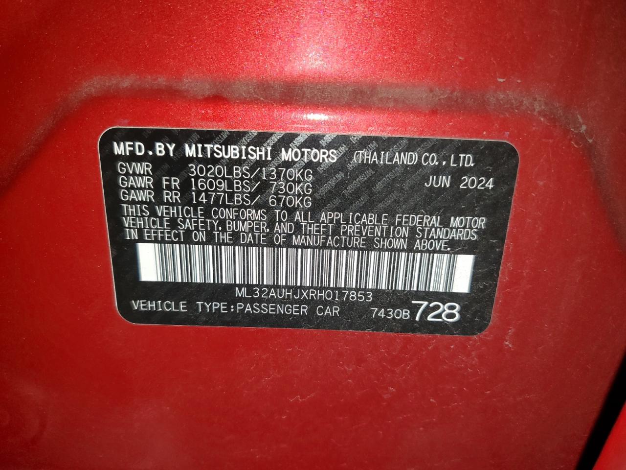 2024 Mitsubishi Mirage Es VIN: ML32AUHJXRH017853 Lot: 62812345