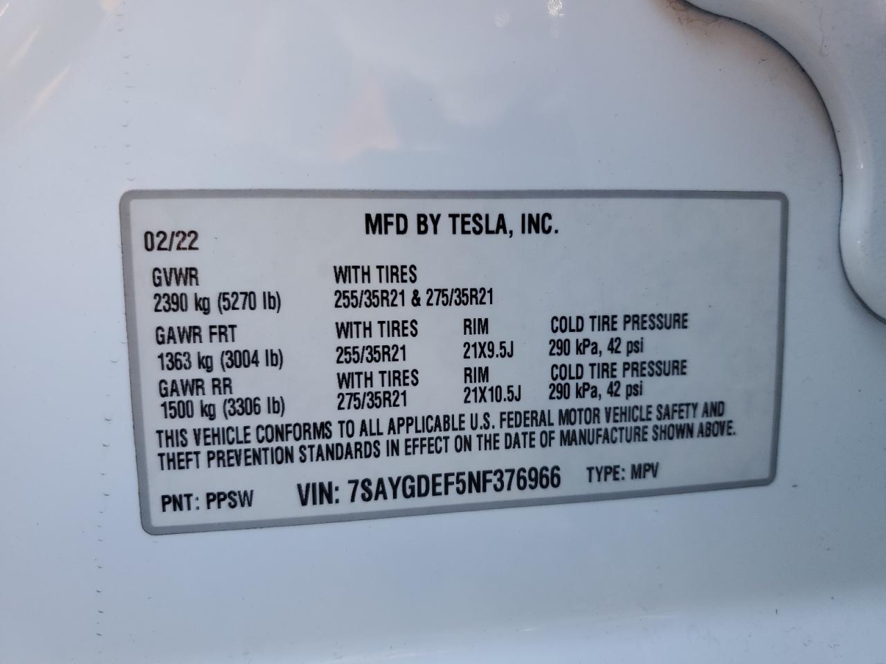 2022 Tesla Model Y VIN: 7SAYGDEF5NF376966 Lot: 61473255