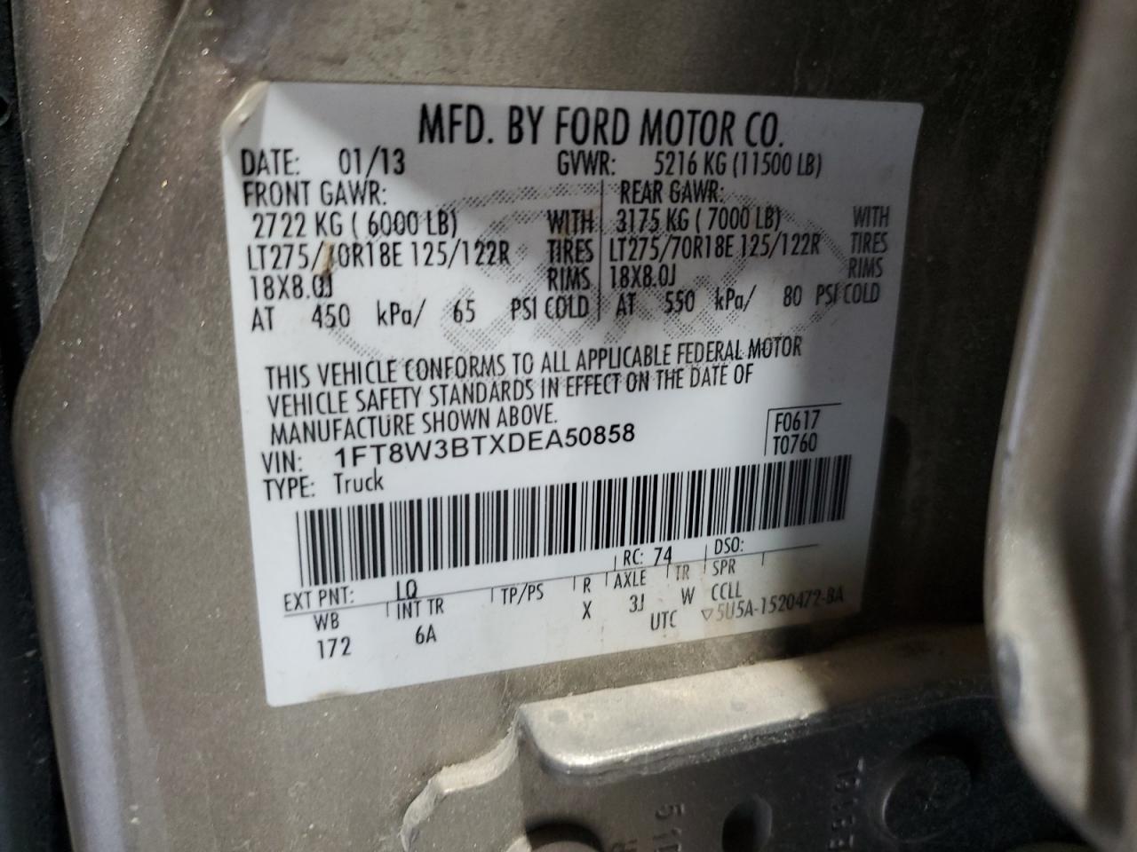 2013 Ford F350 Super Duty VIN: 1FT8W3BTXDEA50858 Lot: 61091455