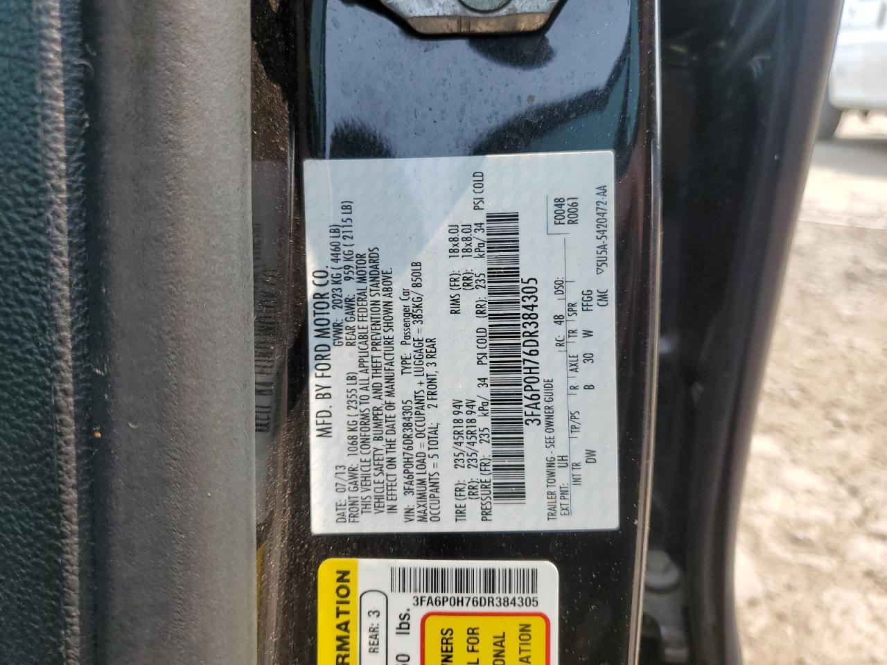 2013 Ford Fusion Se VIN: 3FA6P0H76DR384305 Lot: 59375895