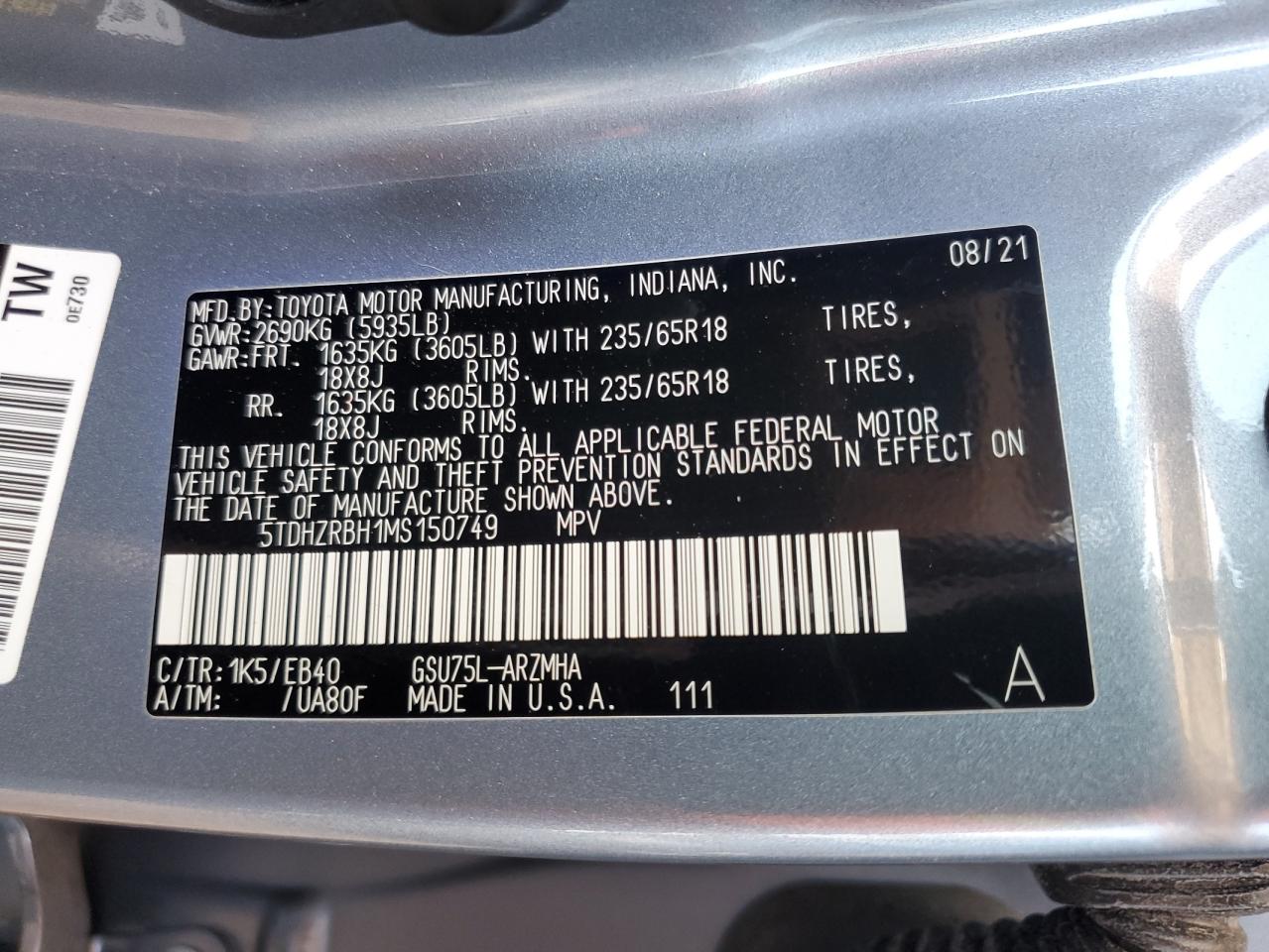 2021 Toyota Highlander Xle VIN: 5TDHZRBH1MS150749 Lot: 62416335