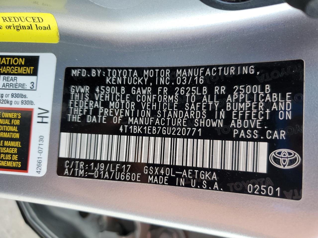 2016 Toyota Avalon Xle VIN: 4T1BK1EB7GU220771 Lot: 61757805