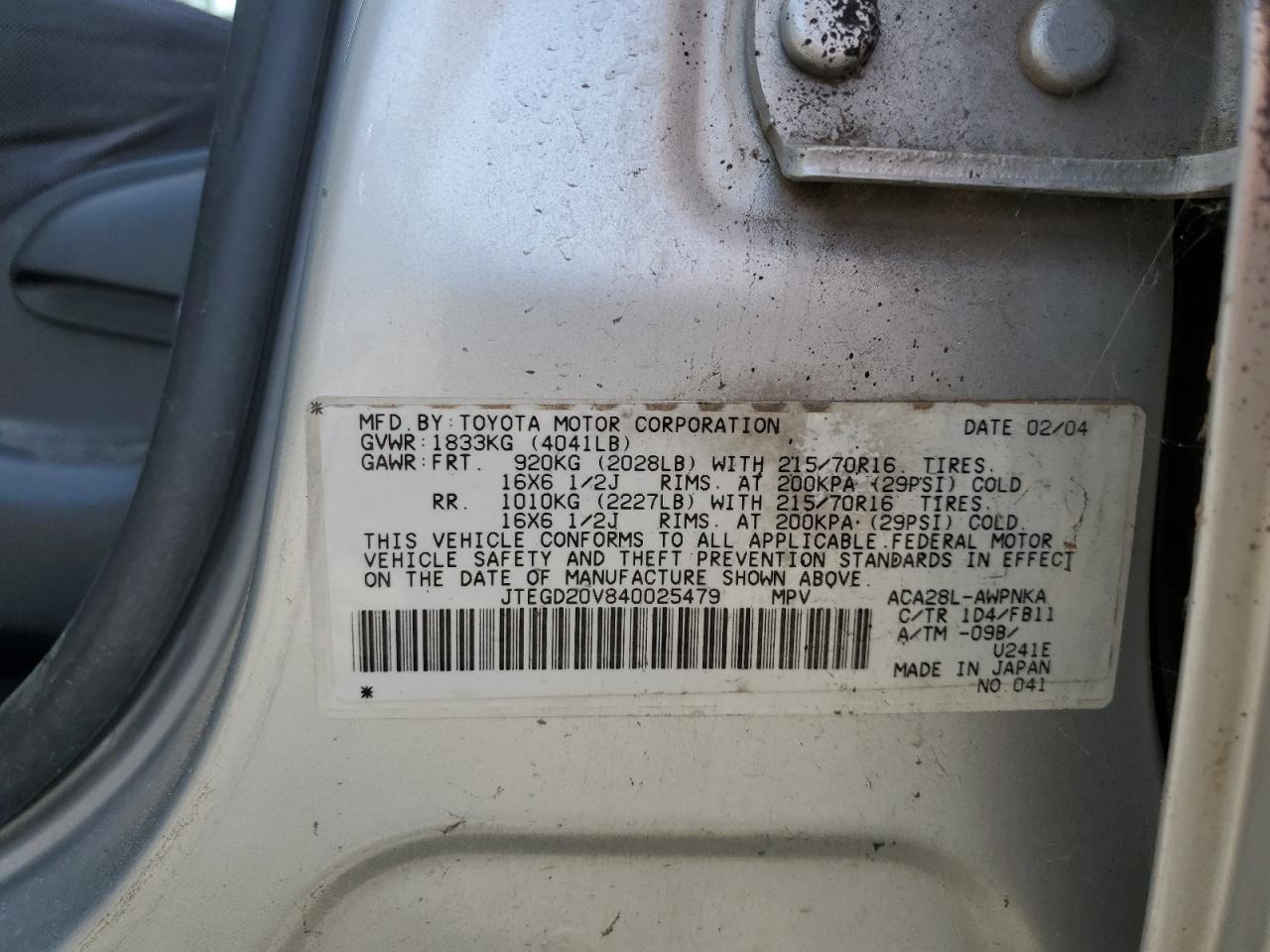 2004 Toyota Rav4 VIN: JTEGD20V840025479 Lot: 62331775