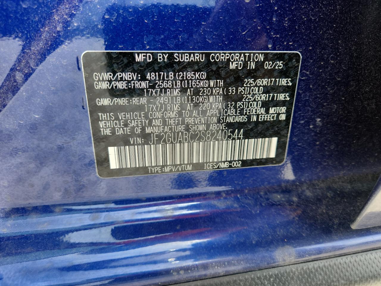 2025 Subaru Crosstrek VIN: JF2GUABC2S8240544 Lot: 61930175