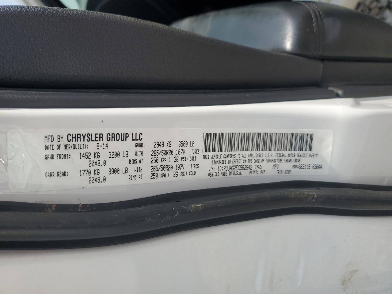 2014 Dodge Durango Sxt VIN: 1C4RDJAG2EC562842 Lot: 62389225