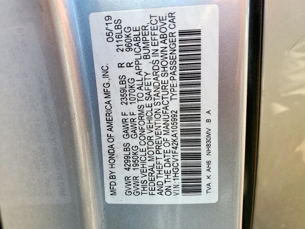 HONDA ACCORD 2019 VIN 1HGCV1F42KA105992 фото 12