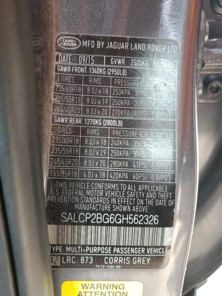 2016 Land Rover Discovery Sport Se VIN: SALCP2BG6GH562326 Lot: 60864775
