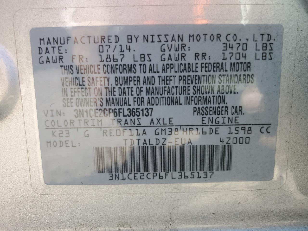 2015 Nissan Versa Note S VIN: 3N1CE2CP6FL365137 Lot: 62900625