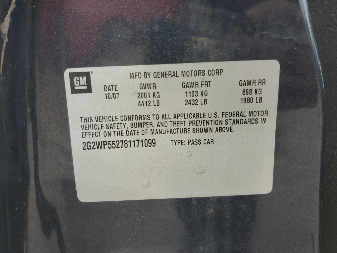 2008 Pontiac Grand Prix VIN: 2G2WP552781171099 Lot: 62634125
