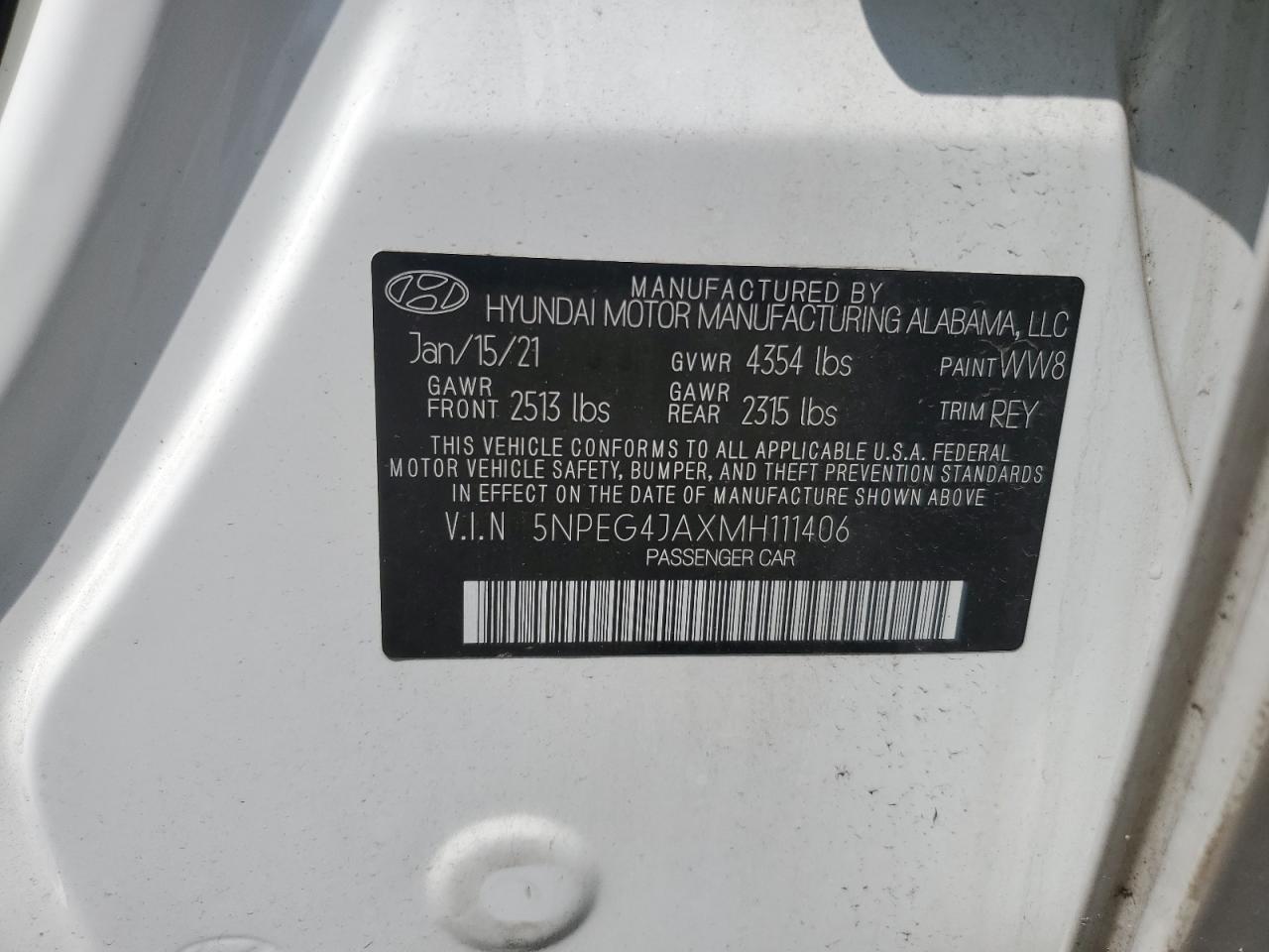 2021 Hyundai Sonata Se VIN: 5NPEG4JAXMH111406 Lot: 62853105