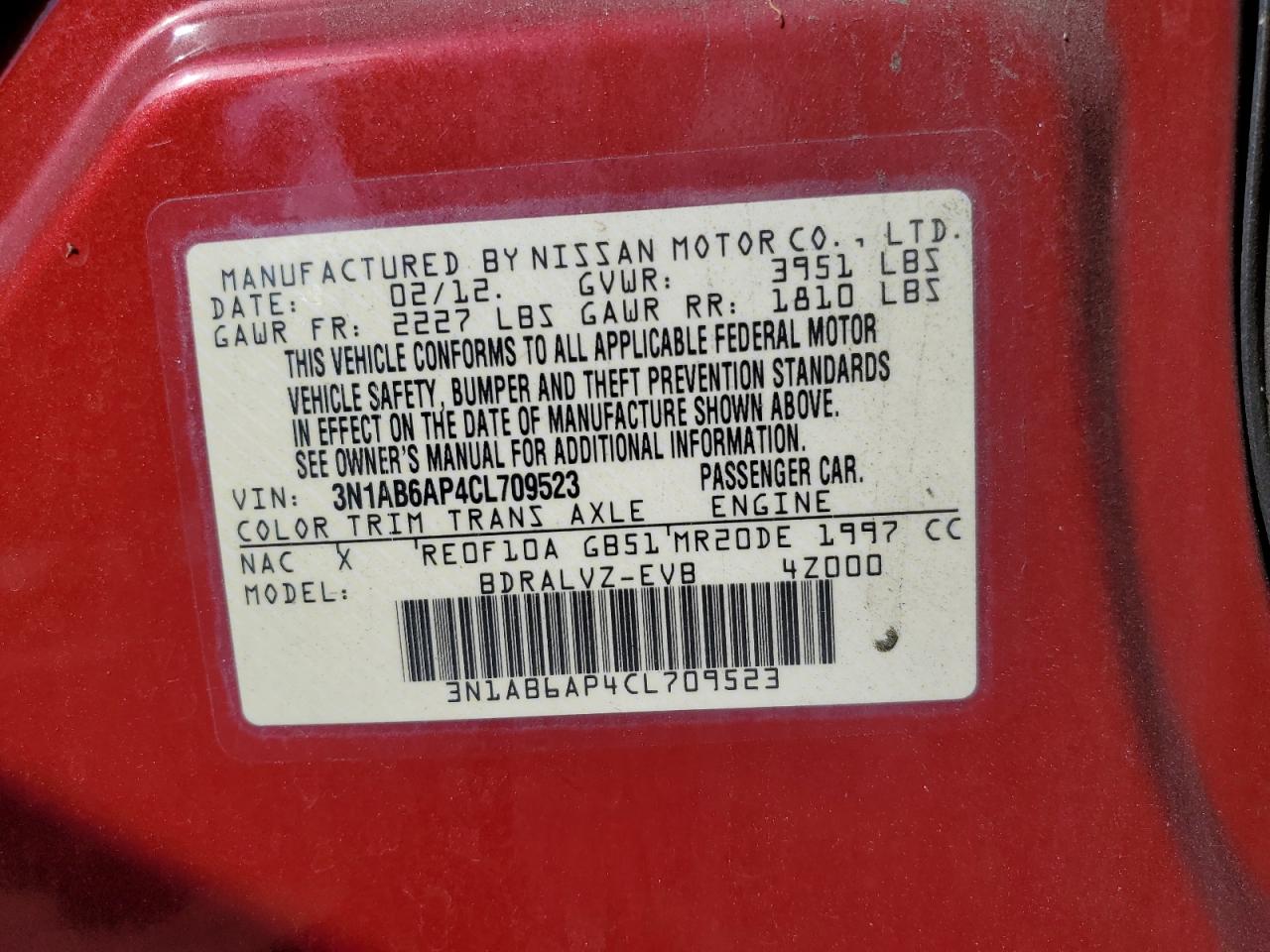 2012 Nissan Sentra 2.0 VIN: 3N1AB6AP4CL709523 Lot: 60631815