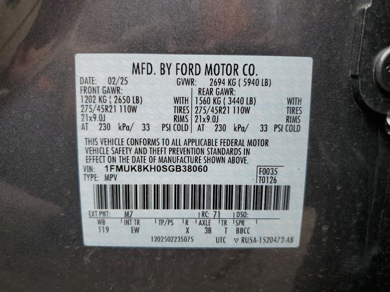 2025 Ford Explorer St-Line VIN: 1FMUK8KH0SGB38060 Lot: 61137525