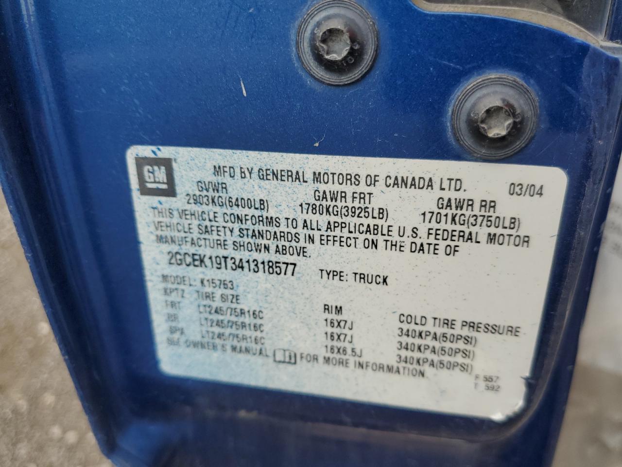 2004 Chevrolet Silverado K1500 VIN: 2GCEK19T341318577 Lot: 62933905