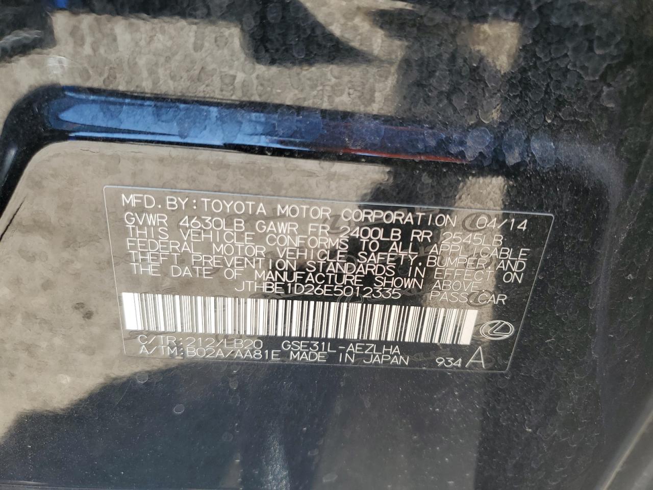 2014 Lexus Is 350 VIN: JTHBE1D26E5012335 Lot: 59219475